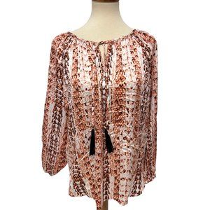 Dana Buchman Women's Long Sleeve White And Rust Boho Blouse Size L